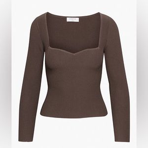 Aritzia Brown Ribbed Long Sleeve Sweetheart Neck Top